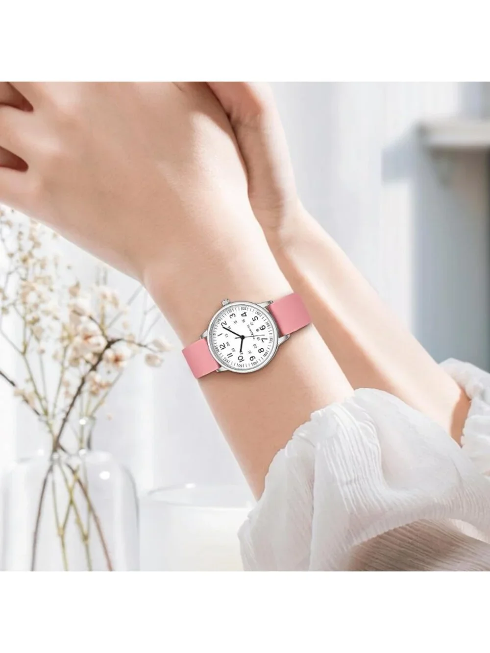 Women's Pink White Analog Quartz Solid Silicone Band Read Dial Nurse Wrist Watch